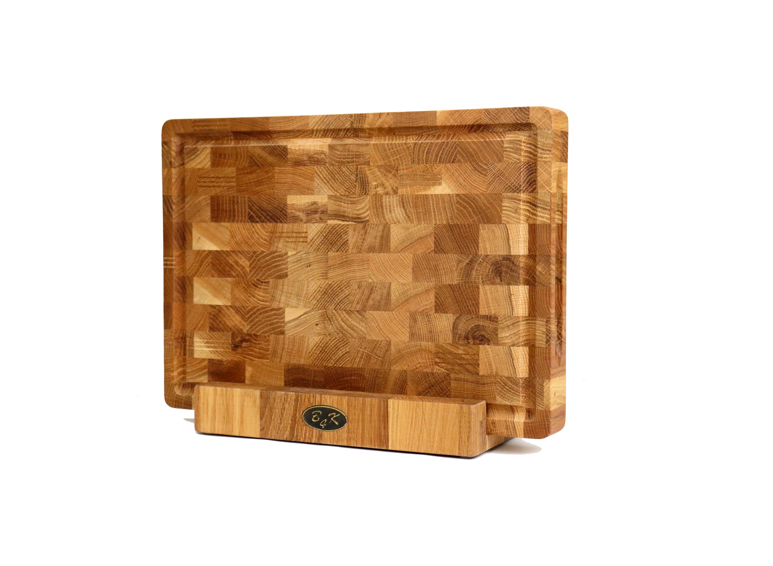 B4K® Tabla de cortar con soporte de madera de roble de 35 × 25 × 4 cm – Bloque de madera maciza | Tabla de madera de cerdo antibacteriana con asas, surco y pies de silicona | Perfecto para cocina