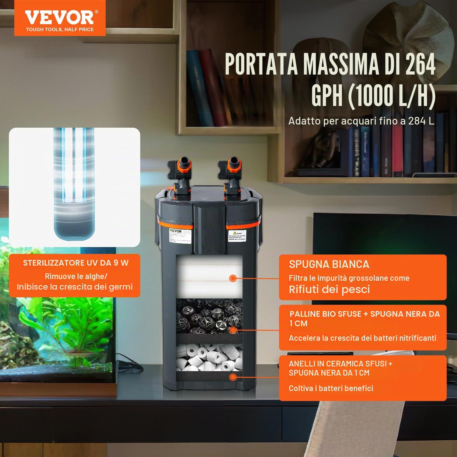 VEVOR - Filtro per acquario da 264 GPH, interno ultra silenzioso per contenitore a 3 stadi da 75 galloni, potenza sommergibile con protezione UV
