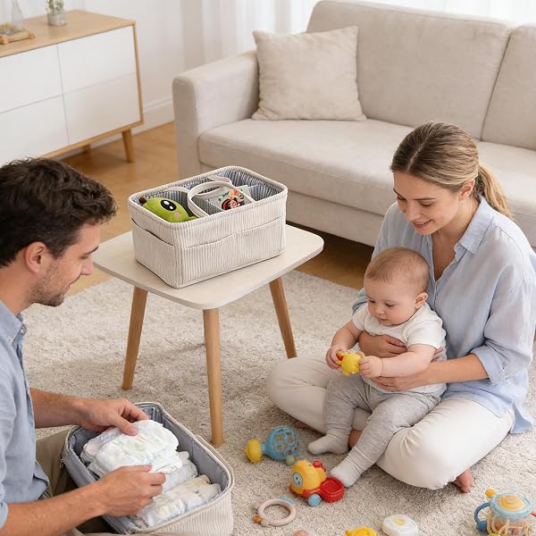 Borsa organizer per pannolini, portatile, grande, in velluto a coste, per la cameretta dei bambini, per casa, comodino, scrivania, divano, bagagliaio 'auto, salviettine per biberon di latte - 3