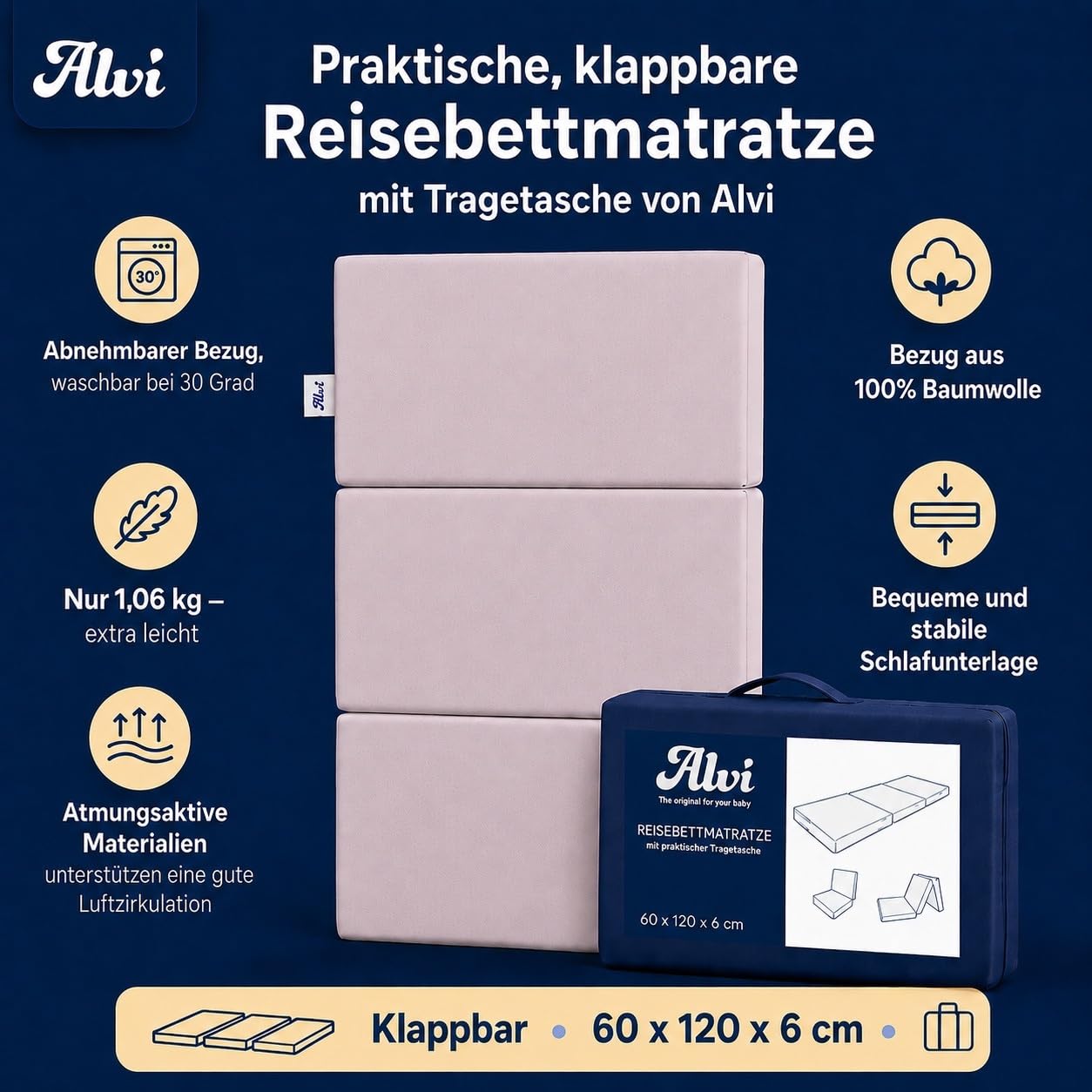 Alvi Reisebettmatratze Komfort 60x120 cm/Höhe 6 cm - Matratze für Baby Reisebett mit Baumwollbezug und Tasche, atmungsaktiv, waschbar, Oeko-TEX® Standard 100 schadstoffgeprüft