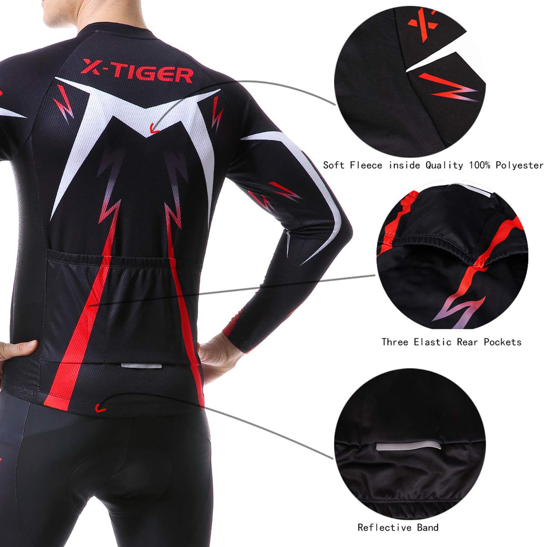 X-TIGER Ciclismo Inverno Termico Vello Completo Giacca Maglia Maniche Lunghe Maglietta Manica da Uomo 5D Gel Pantaloni Lunghi con Pettorina Set di Abbigliamento Ciclista