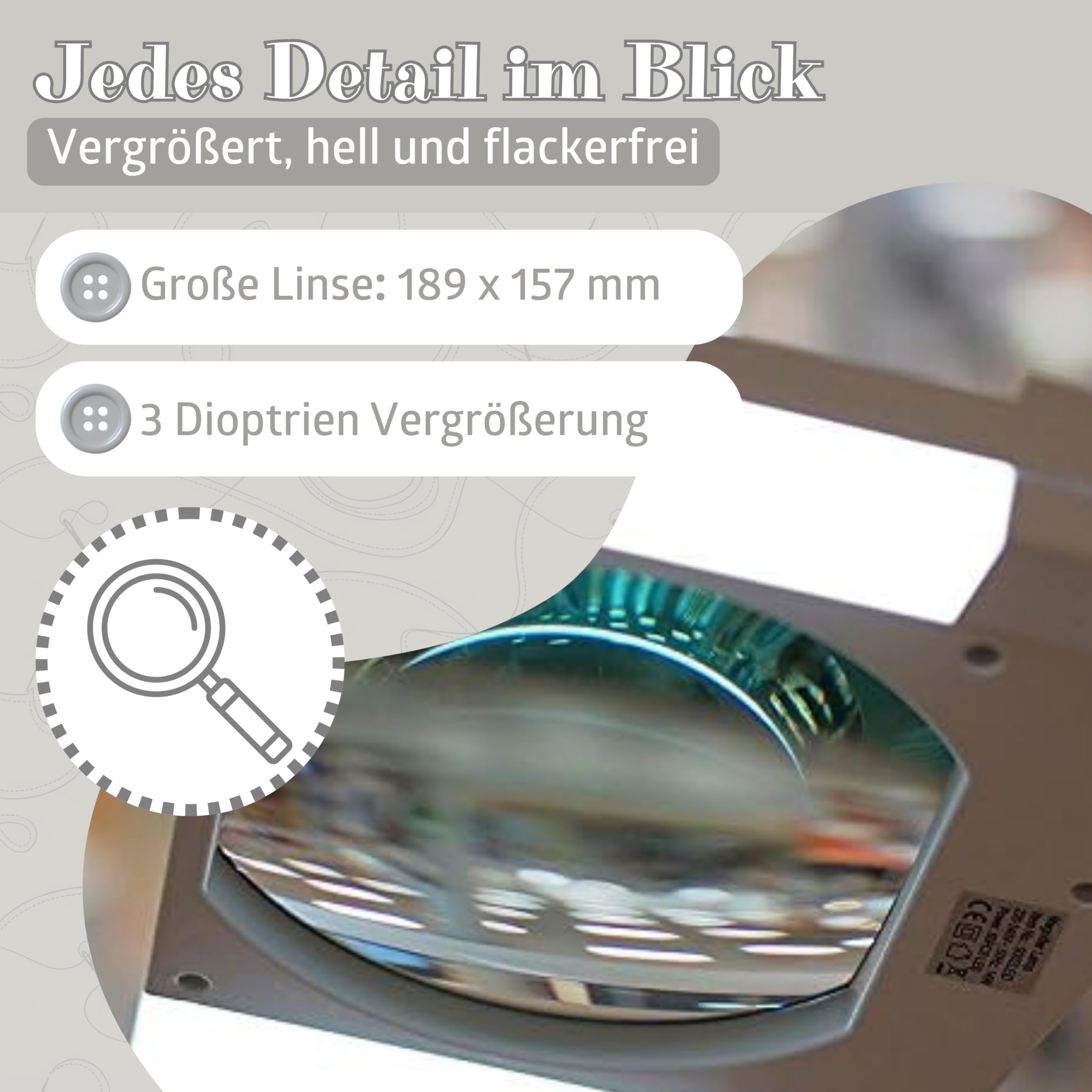 SEMPLIX LED Lupen-Stehlampe 3D weiß (Linse 189 x 157 mm/dimmbar/Standfuß mit Rollen)