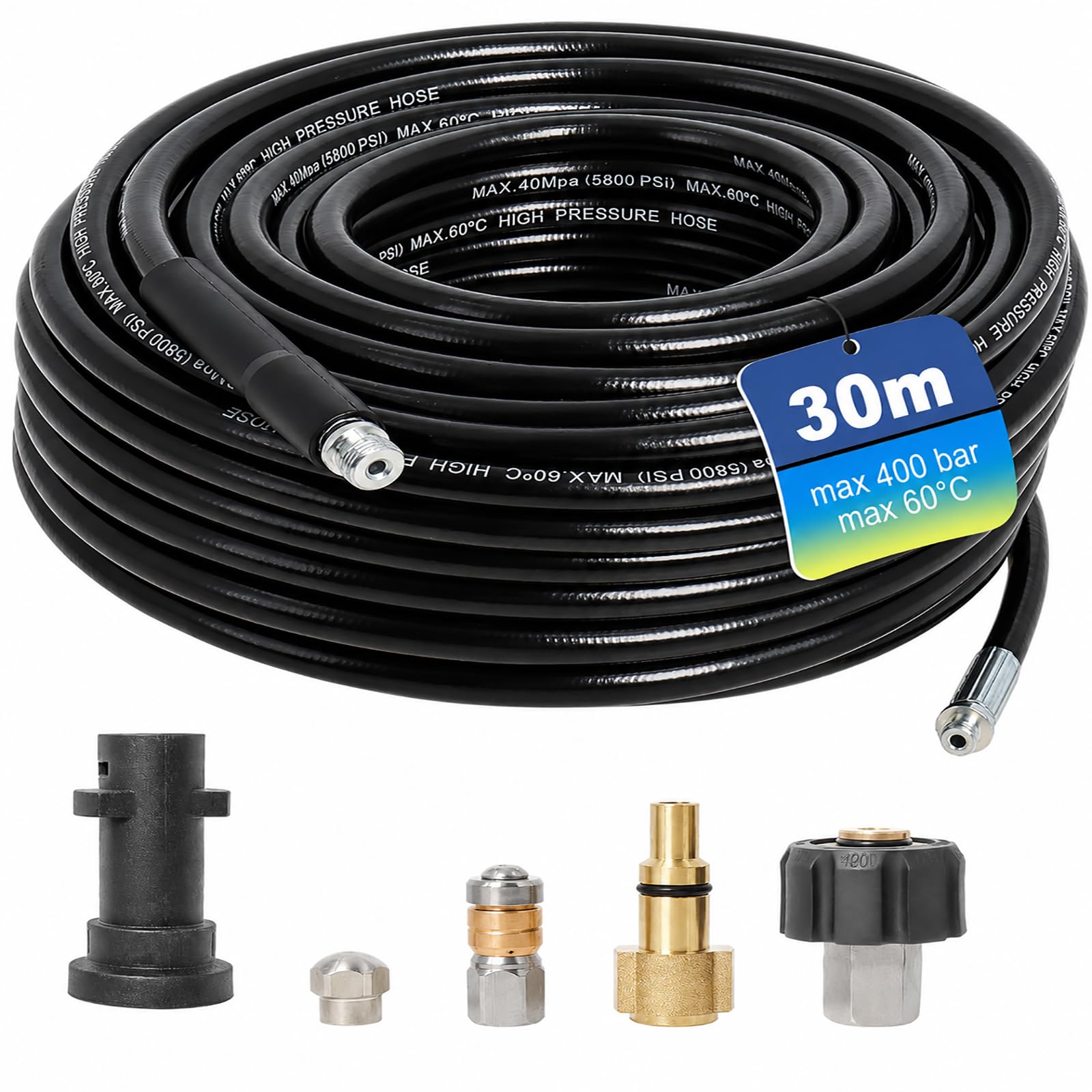 Gekufa Tubo Idropulitrice 30m, 200 bar inkl. Sonda Sturatubi per Idropulitrice Compatibile con Karcher, Parkside, Lavor, Bosch, Adatto per la Pulizia dei Tubi di Scarico