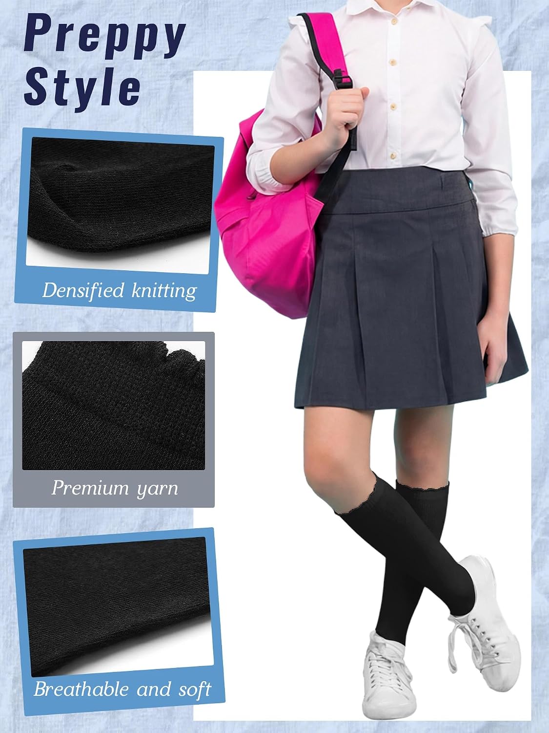 Ramede 6 Pack Ruffle Knee High Socks School Uniform Dress Scallop Socks Seamless Cotton for Girls Black White Navy Blue