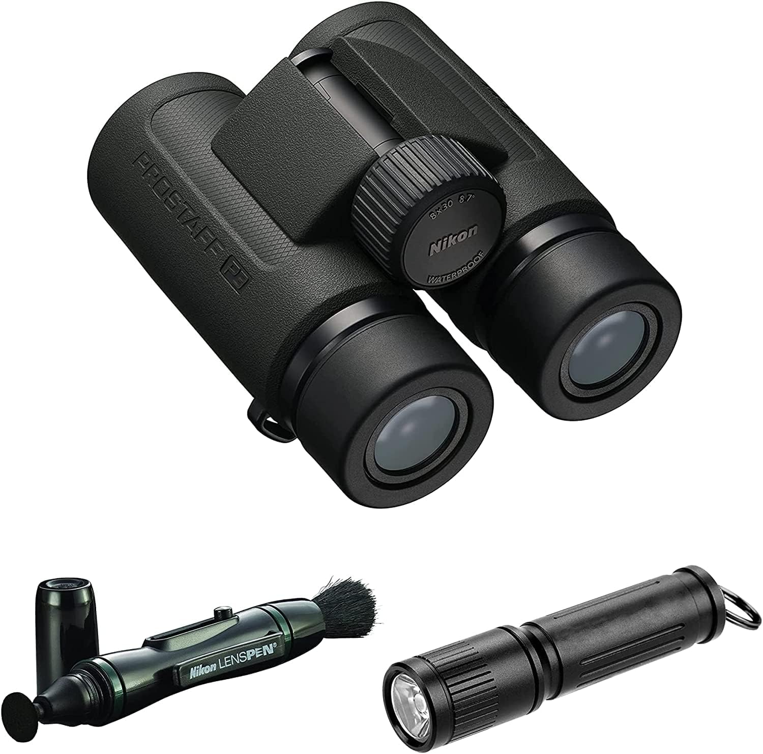 Nikon PROSTAFF P3 10x30 Waterproof Binocular for Adults | Small & Compact Travel Binoculars for Bird Watching | Lens Pen Cleaning System, & Flashlight Bundle Set