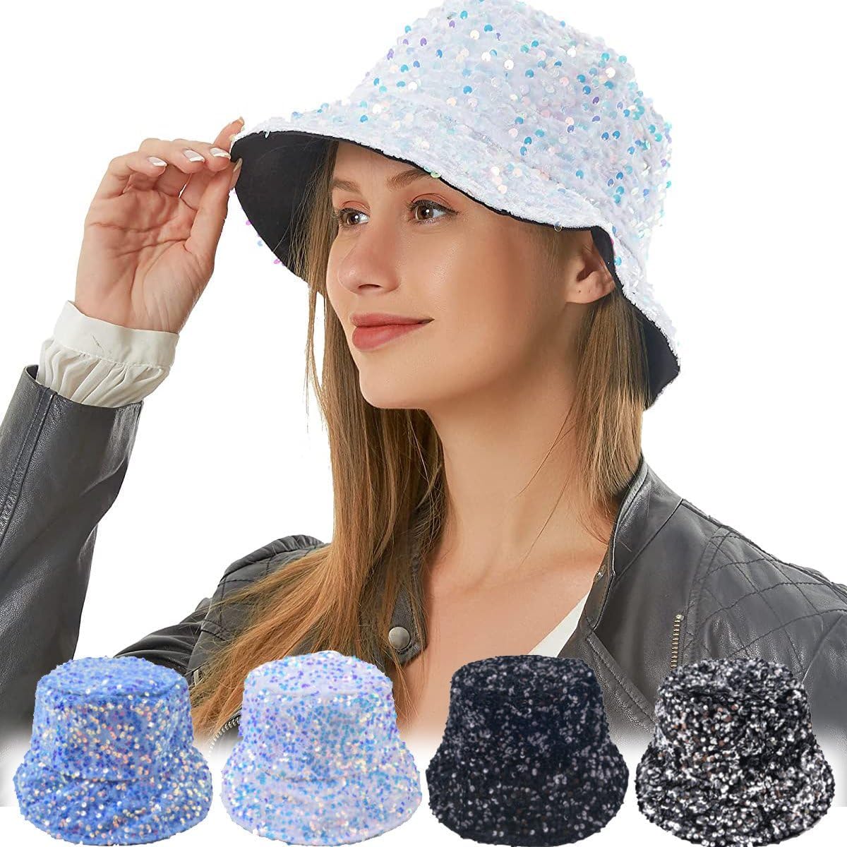Womens Sequin Bucket Hat Beach Sun Hats for Party, Girls Teens Shiny Glitter Sequin Sun Cap for Travel