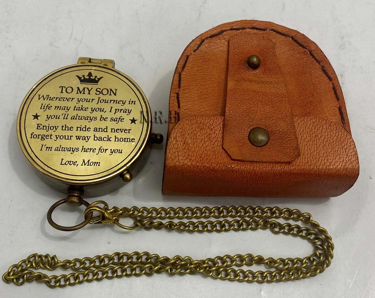Bussola tascabile in ottone con incisione da 5,1 cm, con catena e custodia in pelle marrone, regalo per mio figlio, regalo per papà o mamma, regalo per ogni occasione