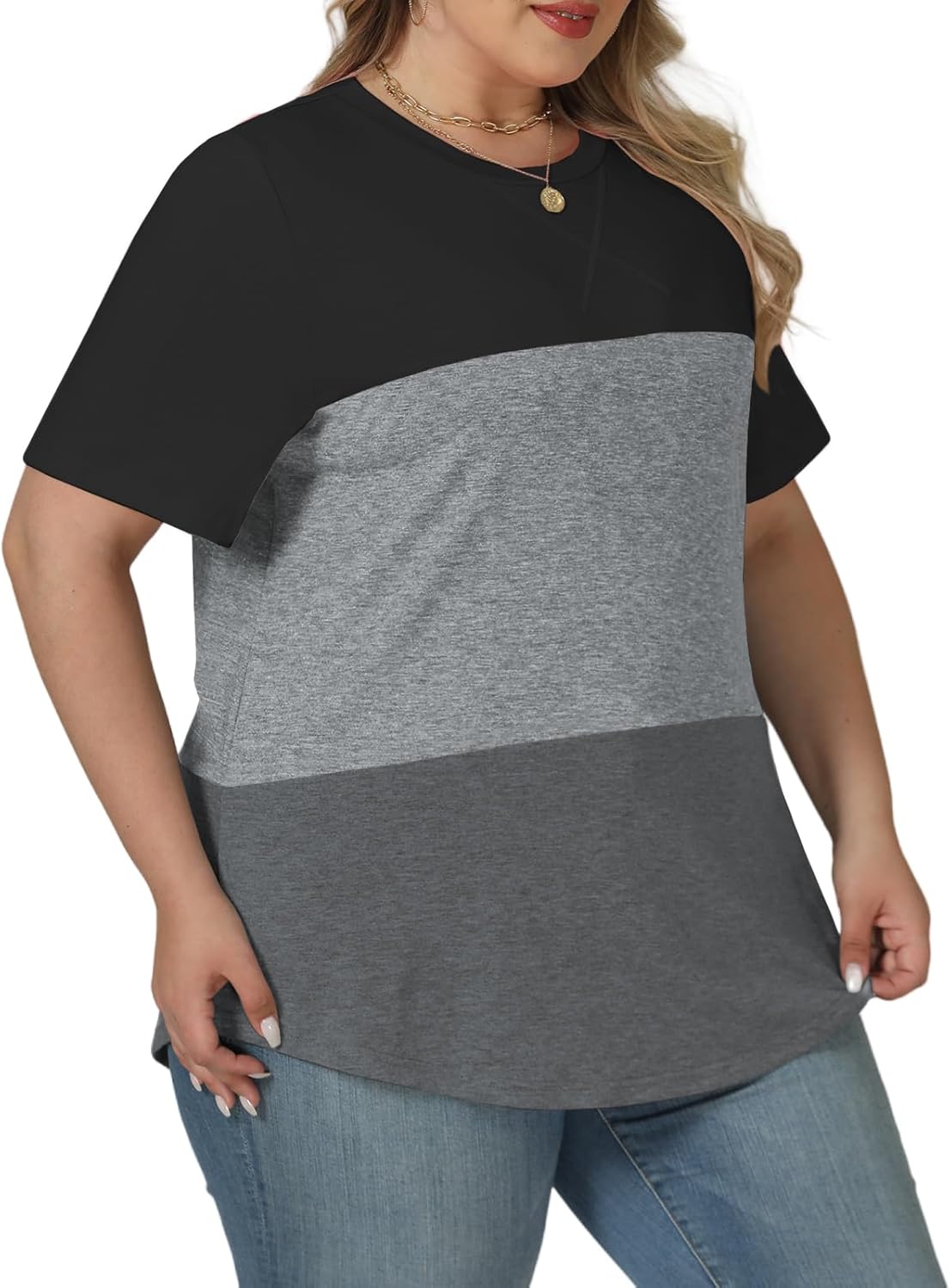 VISLILY Womens-Plus-Size-Summer-Tops Trendy Color Block T Shirts Casual Crewneck Cute Short Sleeve Blouses Tunics Tees XL-5XL - Image 2