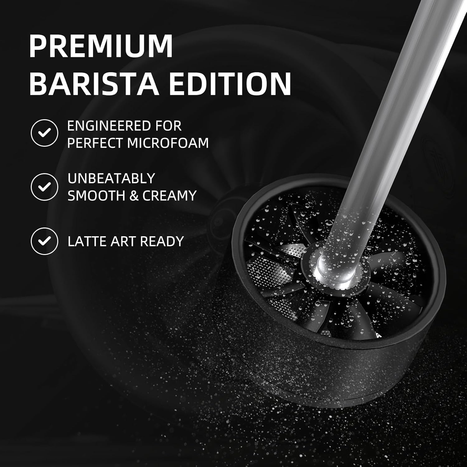 Bincoo Performance Milk Foamer - Dual Speed, Waterproof, Stainless Steel, Ultra Fast Handheld Drink Mixer - Create Barista Microfoam in 40 Seconds for Latte, Cappuccino & Coffee at Home (Black)