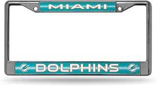 Rico Industries Bling Chrome License Plate Frame with Glitter Accent, Miami Dolphins, 6 x 12.25-inches