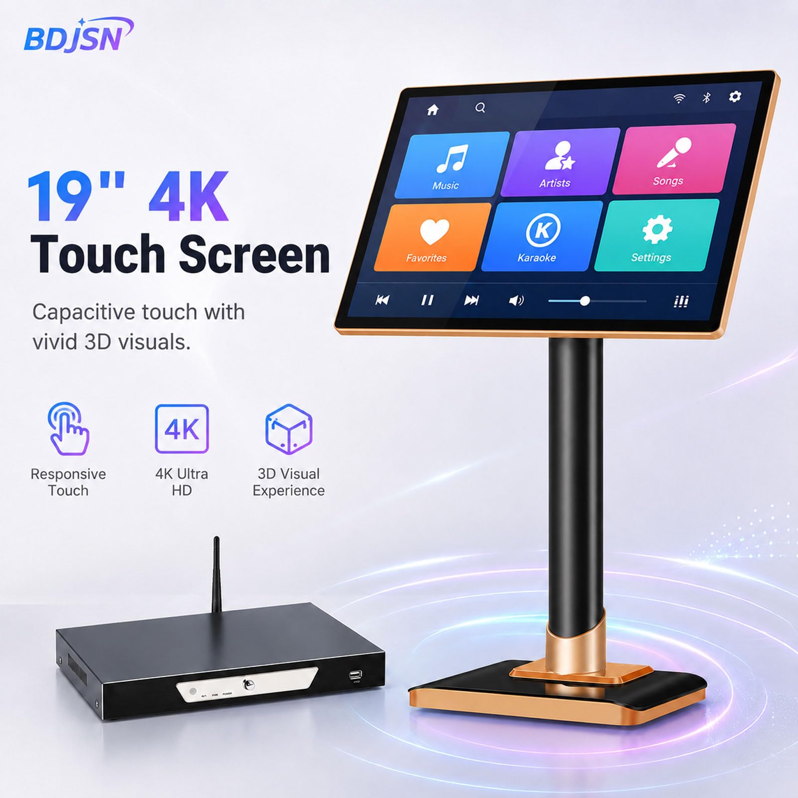 Sistema Karaoke con Schermo Touch 4k da 19 Pollici, 2 Microfoni Wireless E Ricevitore. Controllo Brani Tramite App Wi-Fi, Memoria 3 TB, Multilingue. Adatto per Casa, Bar E Feste