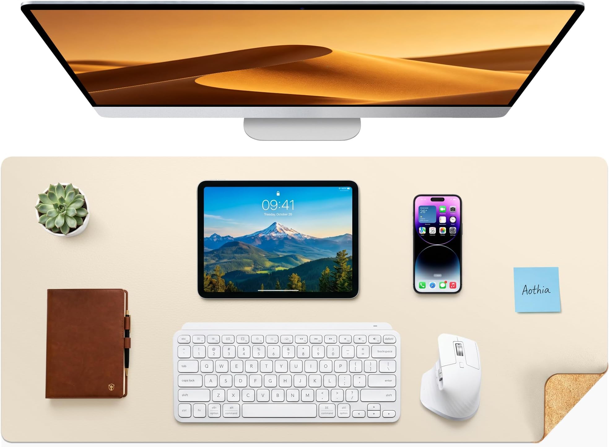 Dual-Sided Desk Mat - Natural Cork & Leather Desk Protector, Large Mouse Pad & Writing Pad for Office/Home, Beige (37.8"x17")