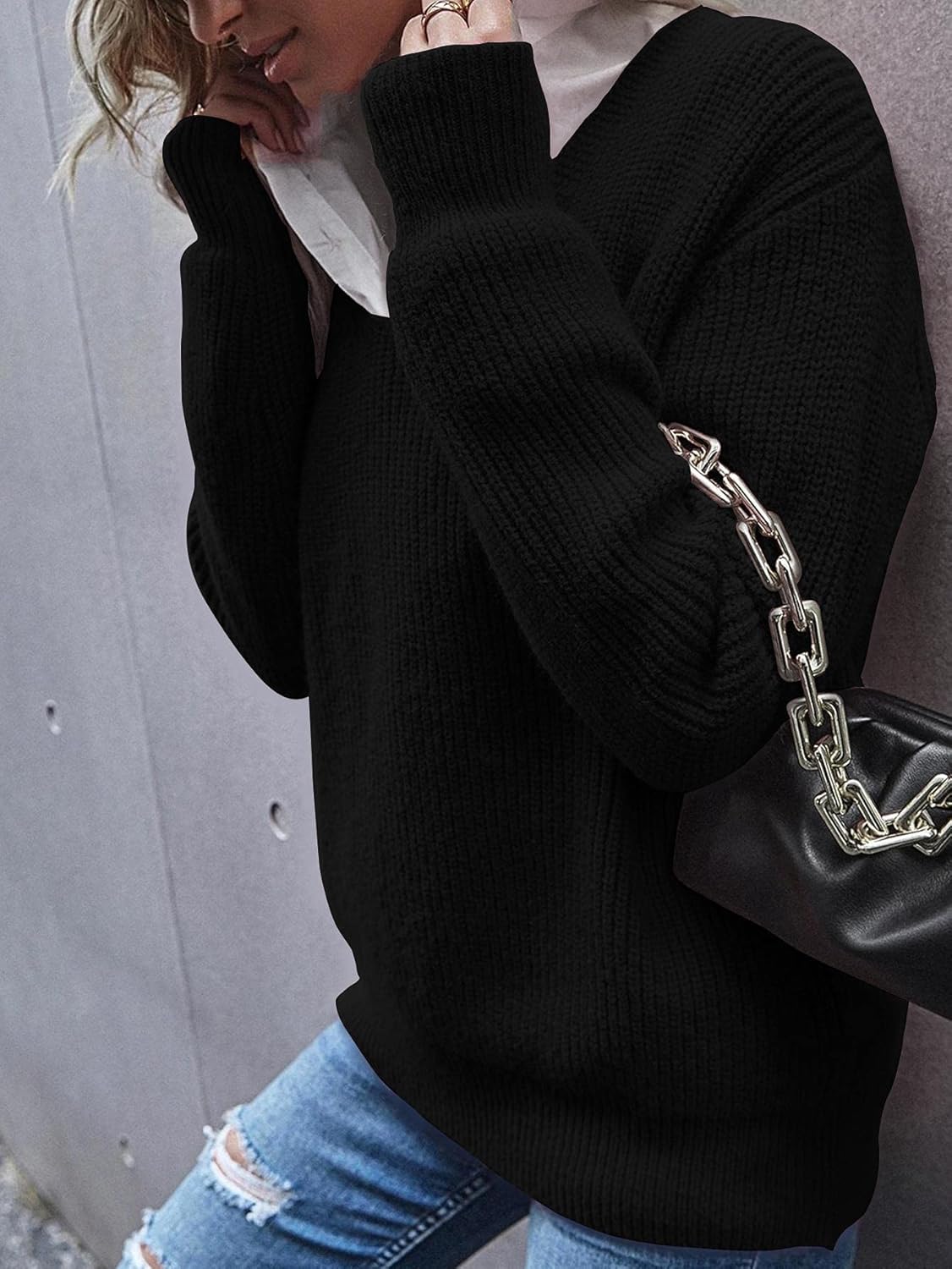 Eurivicy Women's Long Sleeve V Neck Pullover Tops Oversized Chunky Knitted Loose Jumper Sweaters - Image 2