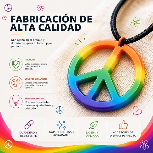 Foto 3 de 7 de TK Gruppe Timo Klingler Collar hippie paz - Arcoíris Paz como accesorio de disfraz de carnaval