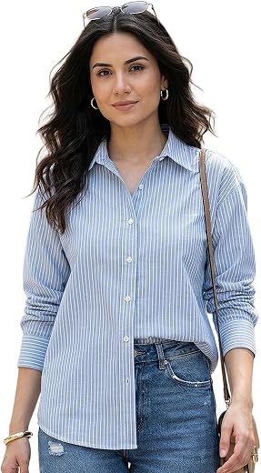 Urbano Fashion Women's Cotton Full Sleeve Oversized Fit Casual Striped Shirt with Spread Collar