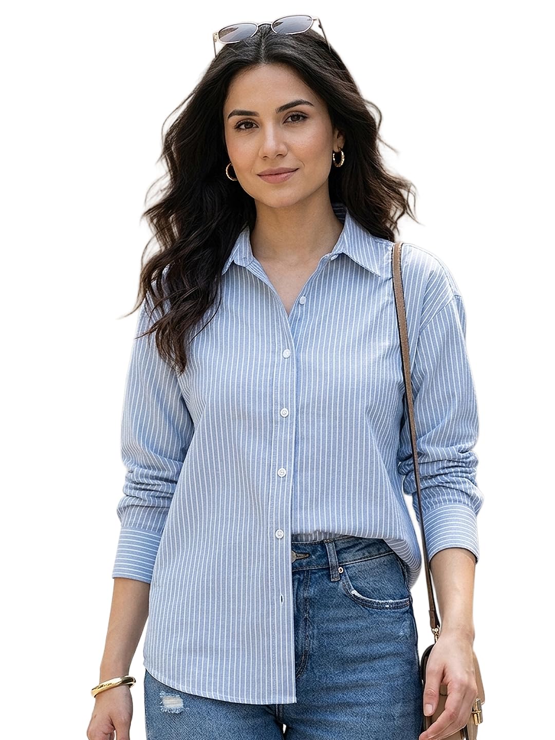 Urbano Fashion Women's Cotton Full Sleeve Oversized Fit Casual Striped Shirt with Spread Collar