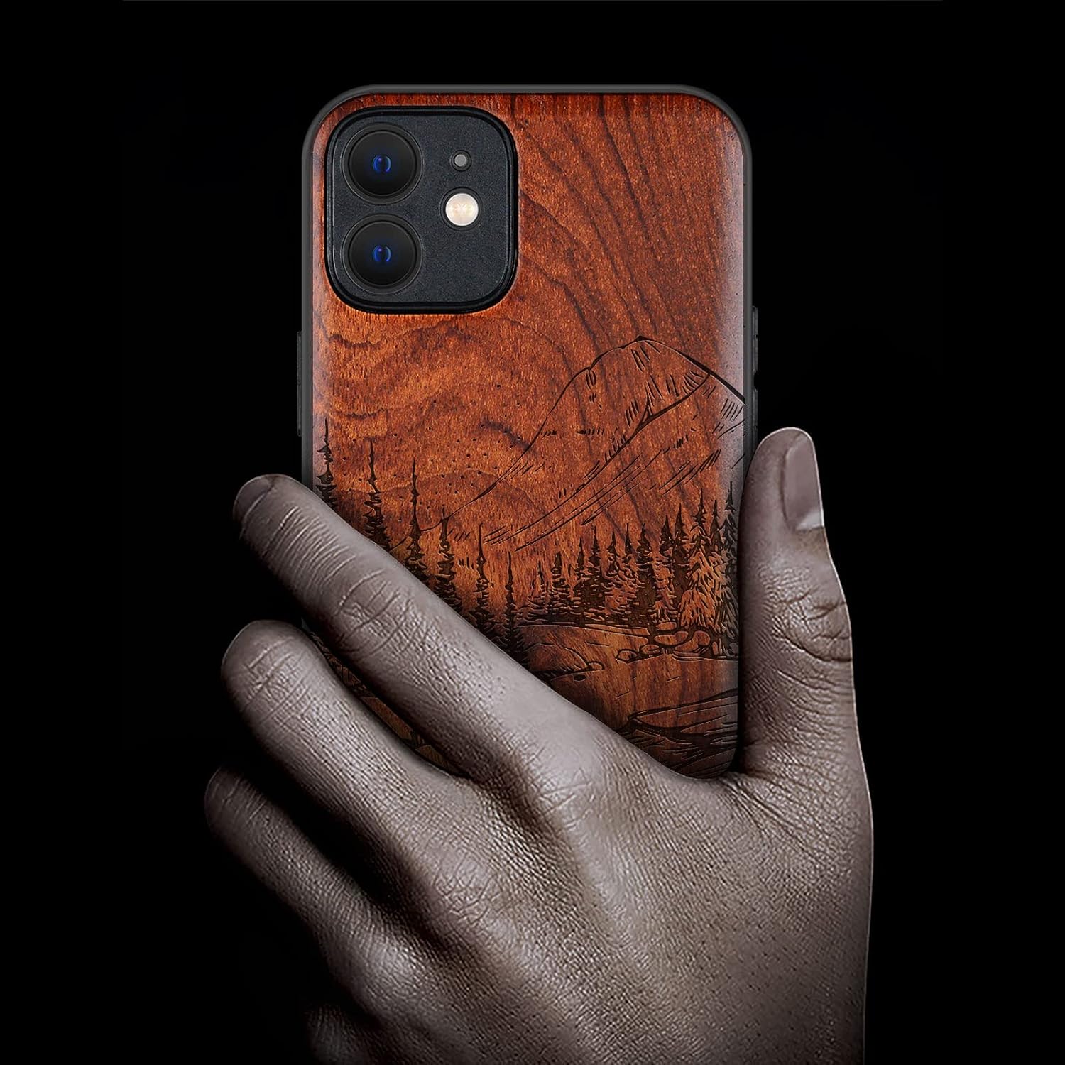 Carveit Magnetic Wood Case for iPhone 12 Case [Natural Wood & Black Soft TPU] Shockproof Protective Unique Wooden Cover Compatible with MagSafe (Natural Landscape- Rosy)
