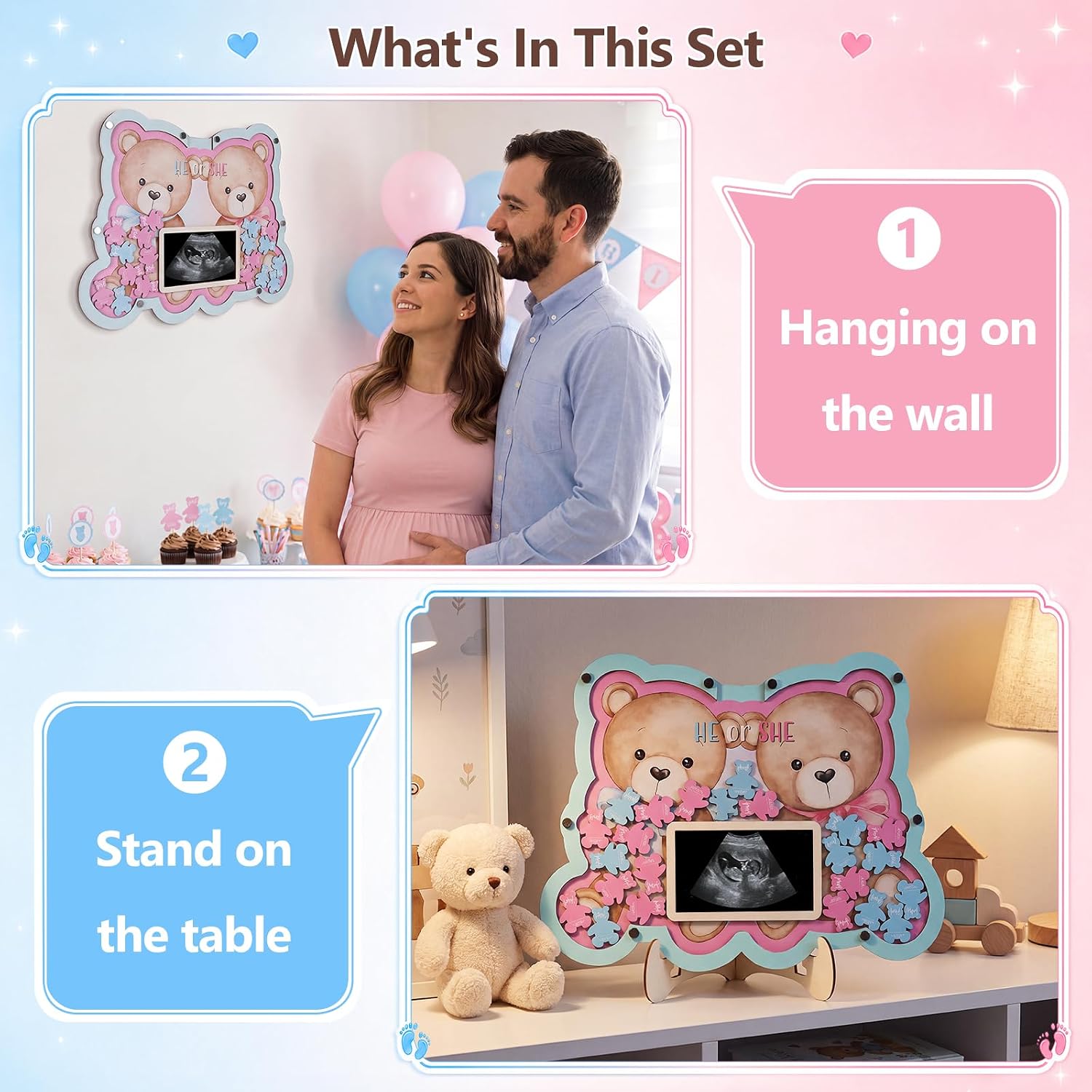 65 Pcs Bear Gender Reveal Guest Book with Sonogram Frame