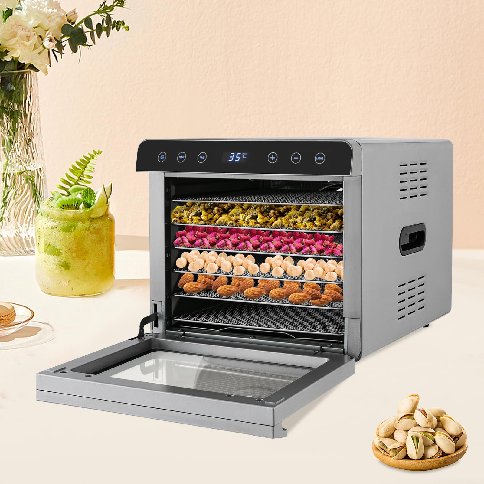 Deshidratador de acero inoxidable, deshidratador de verduras, frutas, cocina, verduras, frutas, deshidratador de carne, con temporizador y regulador de temperatura, secador de congelación para el