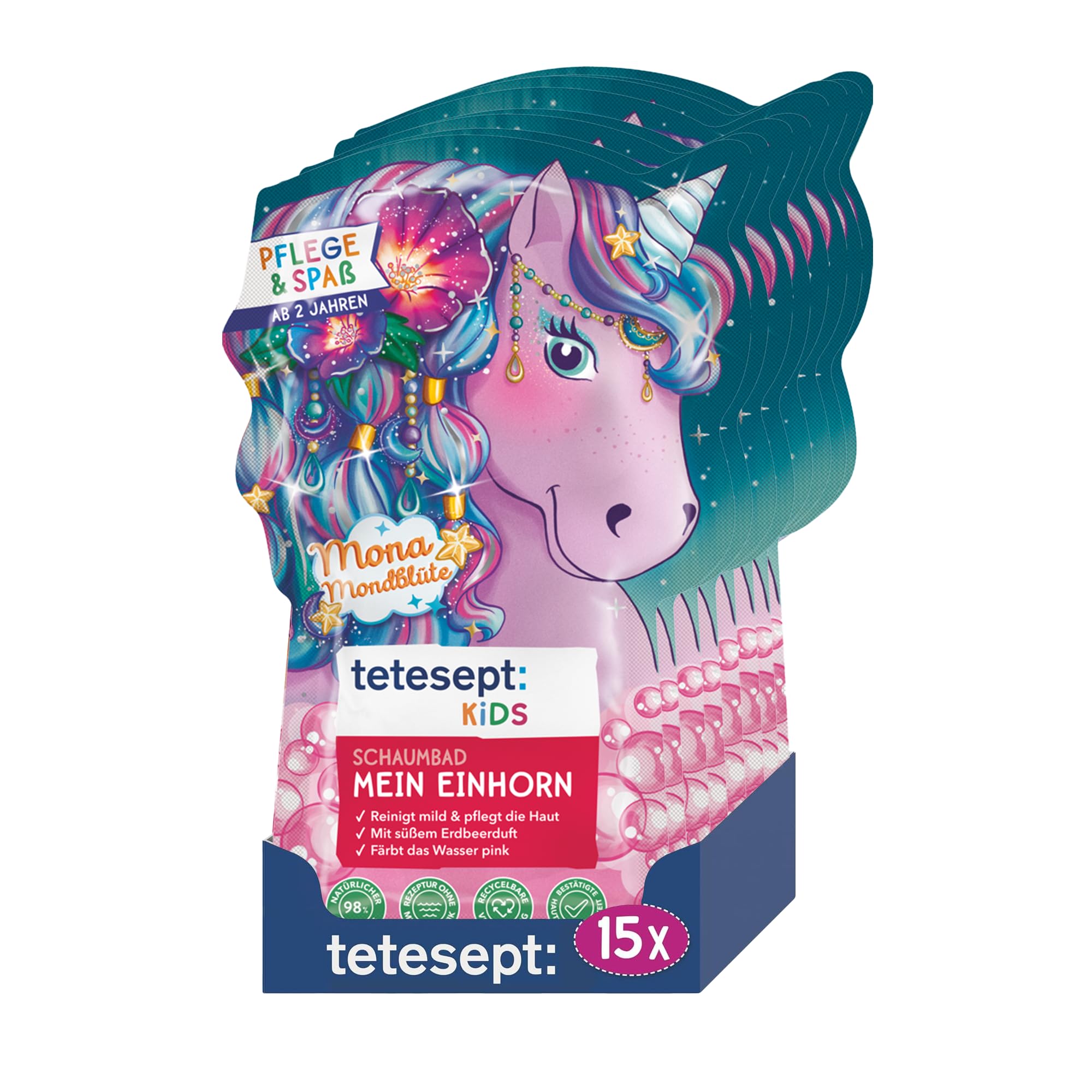 tetesept Kids Fun pianka do kąpieli "Mein Einhorn" – pielęgnujący dodatek do kąpieli dla dzieci o owocowym zapachu truskawek, 2 różne wzory w mieszanym kartonie, opakowanie 15 sztuk (15 x 40 ml)