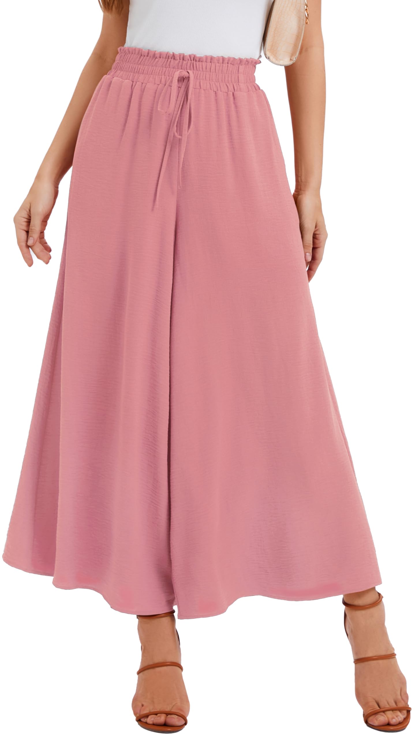 WUWUSKY Sommerhose Damen Leicht Lässige Palazzo Hose Elegant High Waist Baggy Freizeithose mit 2 Taschen