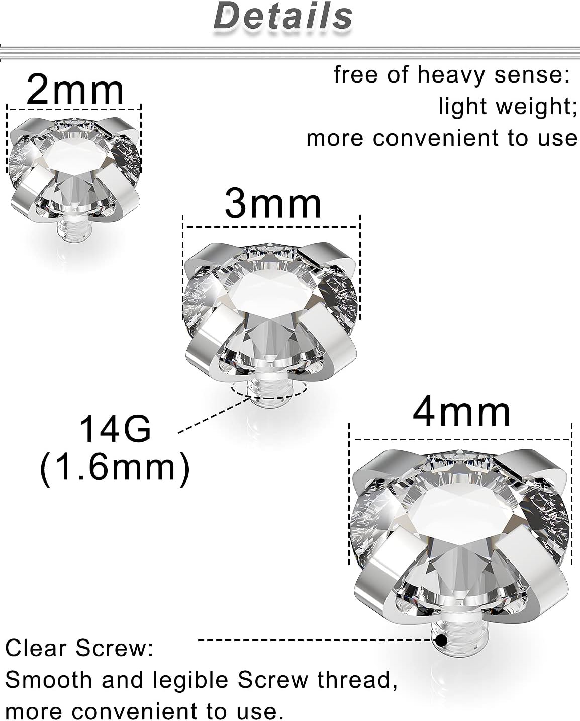 14G Grade 23 Titanium Dermal Piercing Tops Hypoallergenic Dermal Jewelry Internally Threaded Clear Star Heart Flower Gem Dermal Tops Piercing Jewelry for Women Men 35PCS