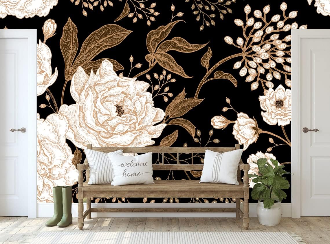 Reyhui Wall Mural Peonies and Roses Floral Vintage Wallpaper Seamless Gold White Flowers Wall Coverings for Living Room Bedroom Kids Room（Not Peel and Stick）