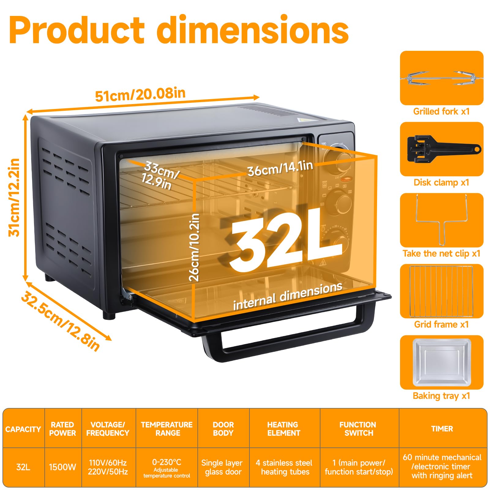 Mini Four Electrique 32L, Four Posable Cuisine, Four Convection Chaleur Tournante 1500W, Four Multifonction Rotisserie Tournebroche, Minuterie 60 Min, Temperature Reglable (Noir)