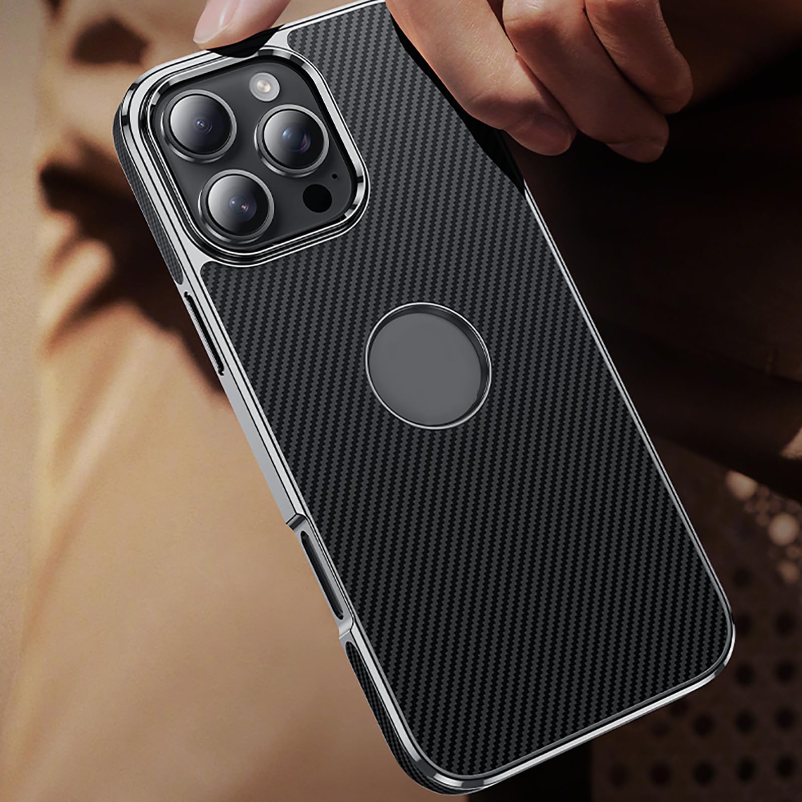 Skórzane etui na iPhone 16 Pro Max/16 Pro/16, smukłe, luksusowe włókno węglowe, galwanizowane etui z logo widokiem ochronne, fioletowe, 16 ProMax