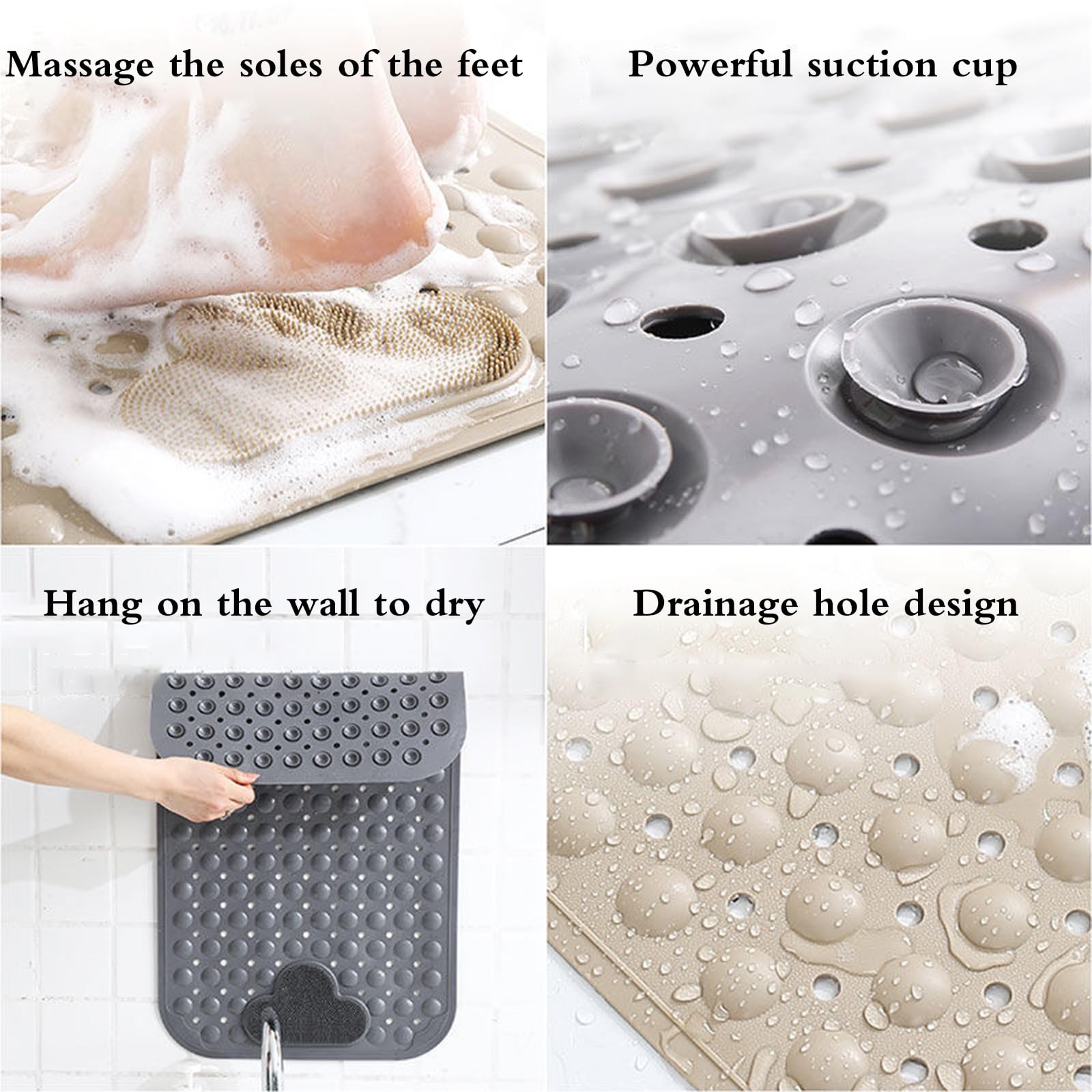 Alfombrilla de baño antideslizante para bañera y ducha, diseño cuadrado con ventosas fuertes, sensación cómoda para los pies, antideslizante, perfecta para uso en interiores, esencial para la