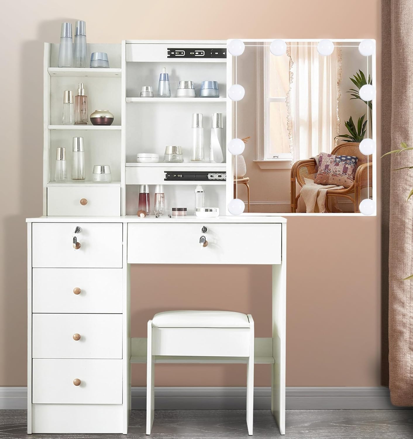 Dressing Table with LED Lights, White Vanity Makeup Table Set with Mirror and Stool, Bedroom Dresser Cosmetic Makeup Desk with Drawers and Shelves Storage Unit for Girls (A05)