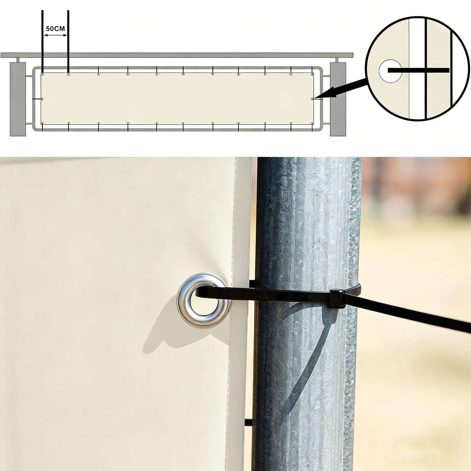Balkon 150 x 475 cm – odporna na promieniowanie UV wodoodporna i wiatroszczelna osłona siatkowa z klipsami i linką – idealna do użytku na zewnątrz i ochrony pokładu