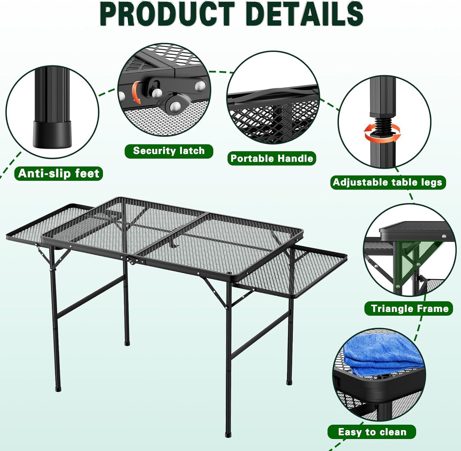 Folding Table, 3x2 FT Camping Table with 2 Wing Panels and Mesh Bag, Portable Picnic Table with Carry Handle, Heights Adjustable Outdoor Grill Table for Garden Patio Yard BBQ