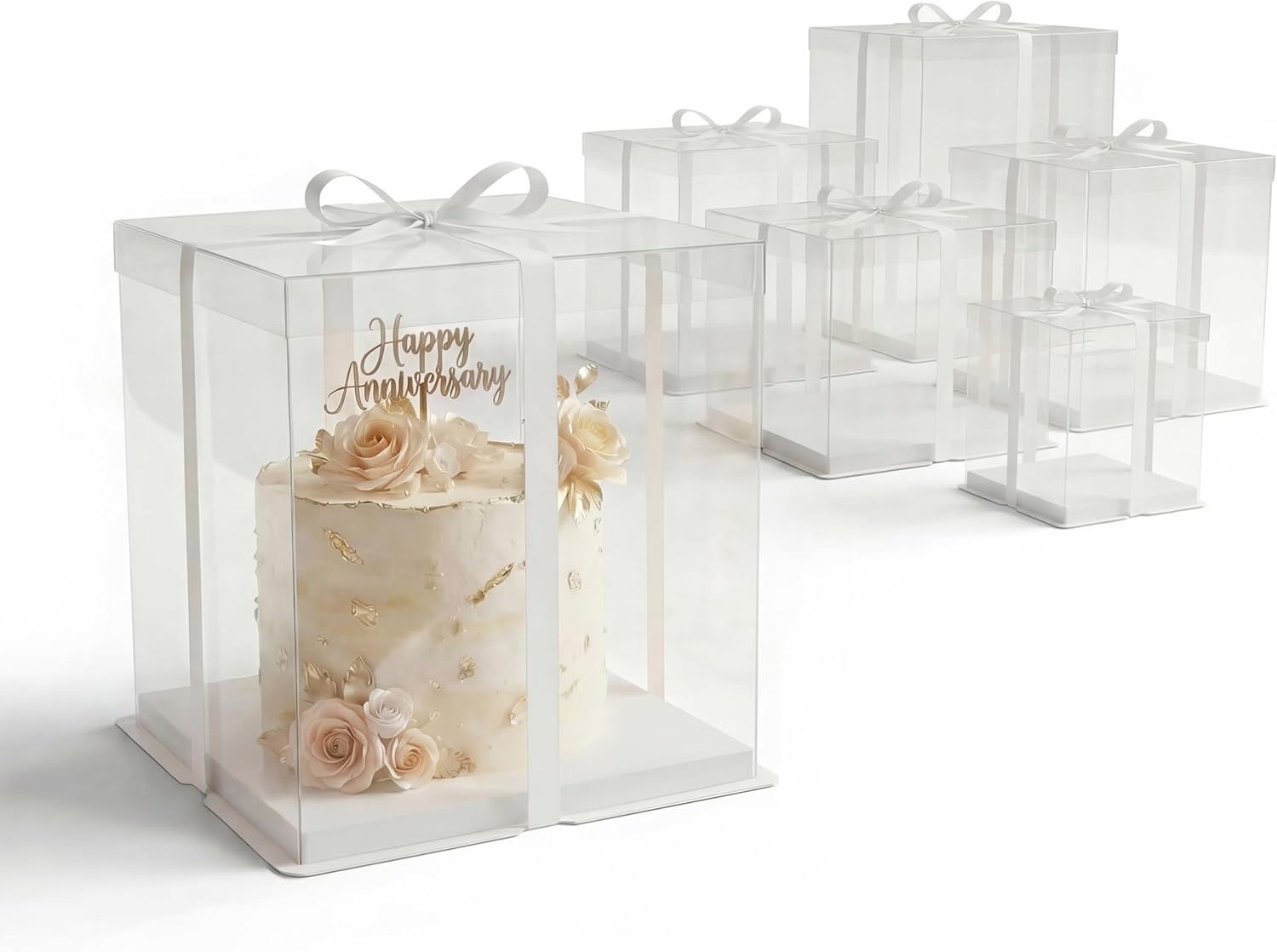 BOARDS+ 10 Inch Clear Cake Box For 8 Inch Cakes (8 Pack) + Satin White Ribbon | Sturdy Beautiful Cake Carrier & Gift Box