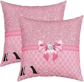 Glitter (No Glitter No Sequin) Diamond Reversible Throw Pillow Covers Pastel Pink Square Cushion Covers Set of 2 for Kids High Heels Pillow Covers Home Decor Dreamy 18 x 18-Inch