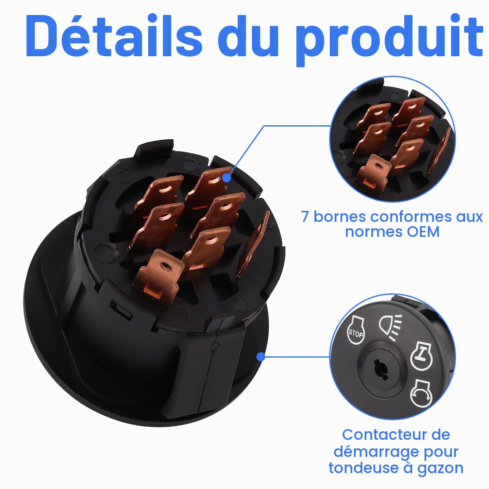 Interrupteur Allumage Démarreur Tondeuse à Gazon avec Clé 7 Bornes pour Husqvarna Sears Craftsman John Deere, 4 Positions Interrupteur Allumage Démarreur Compatible avec 175566 175442 GY20074