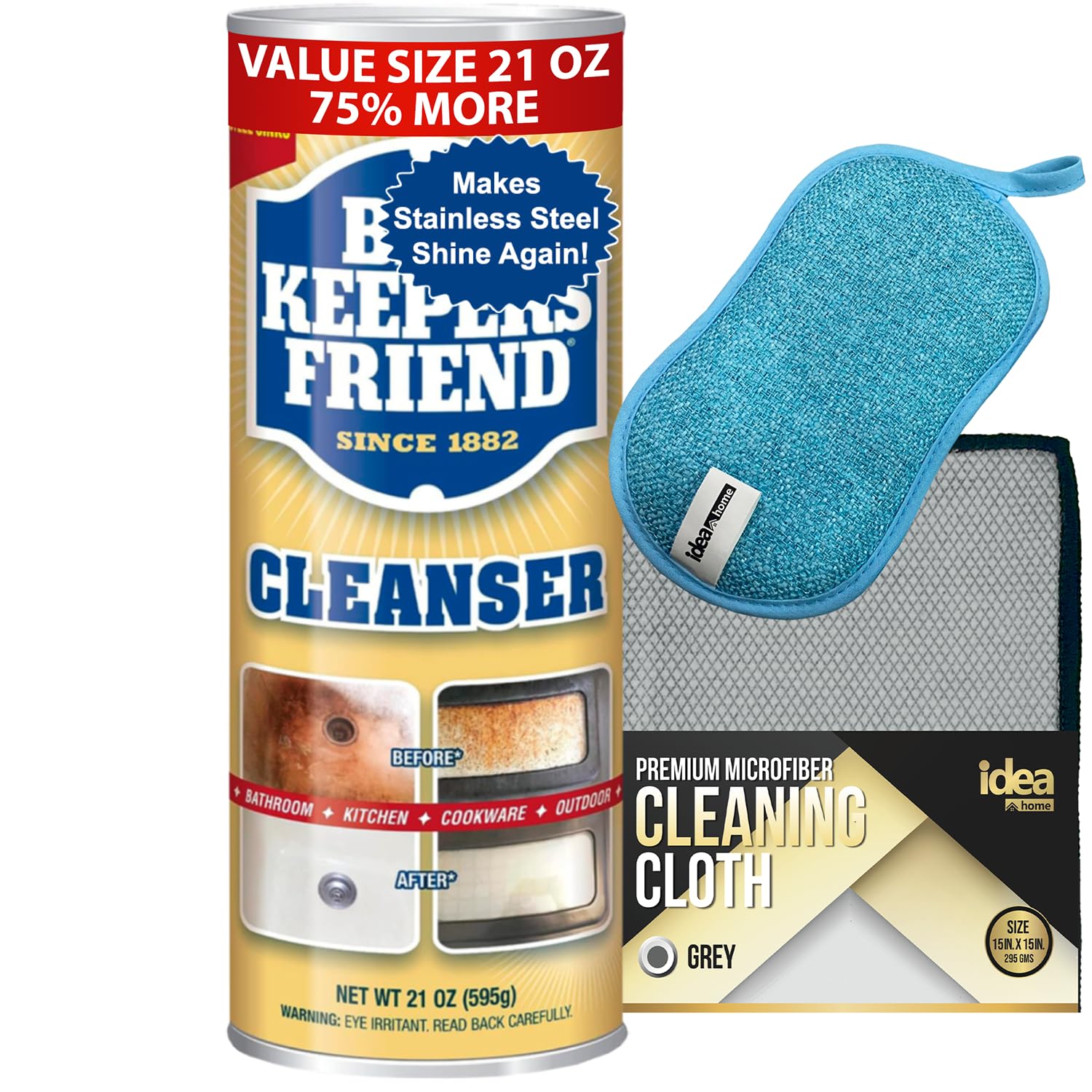 Idea HomeBKF Cleanser and Polish Powder 21 oz (1 Pack) Multipurpose Cleaner, Rust Stain Remover Bundle Microfiber Cleaning Cloth 15x15in and Multi-Purpose Non-Scratch Microfiber Sponge