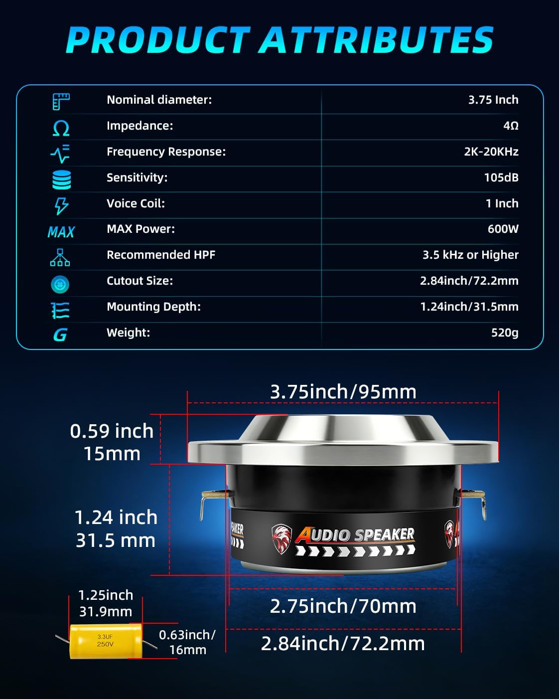 3.75 Inch 3.5 Class Super Tweeters for Car Audio, 600W MAX 4 Ohm Titanium Bullet Tweeter Speakers Pair, 105dB 1 Inch Voice Coil, Aluminum Shell Car Tweeters for Door Panels Speaker Boxes