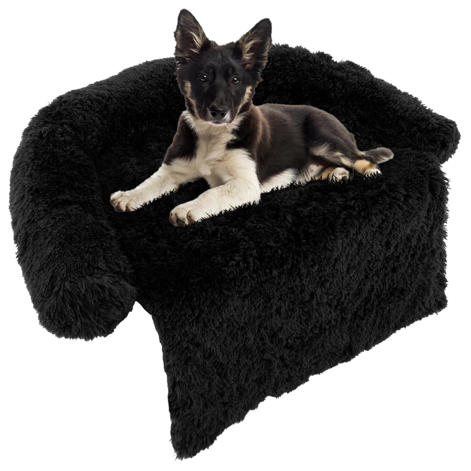 GYMAX Plush Pet Bed, S/M/L Calming Fluffy Dog Couch with Double Anti-Slip Design, Soft Neck Bolster & Detachable Machine Washable Cover, Fluffy Warming Pet Lounger for Dogs, Cats (M, Black)
