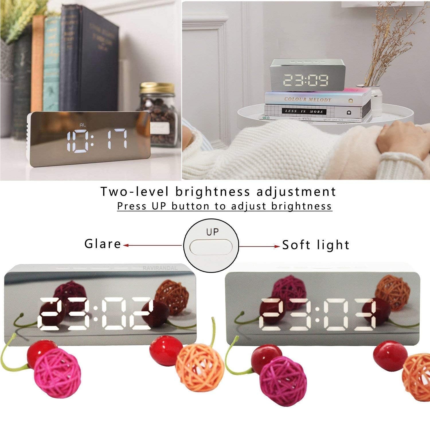 RAVIRANDAL Digital LED Mirror Alarm Clock Smart Back Light Table Mirror Alarm Clock with Sensor Date and Temperature for Office Home and Bedroom for Heavy Sleeper (Mirror Clock) 4
