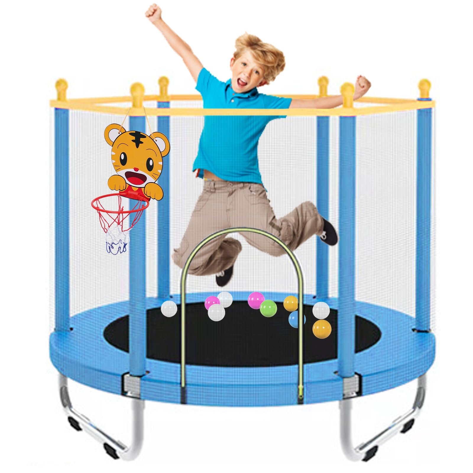 55" Kids Trampoline with Safety Net Enclosure, Outdoor Indoor Trampoline with Basketball Hoop for Kids, Play Equipment for 3 4 5 6 7 8 Years Old Boy and Girls