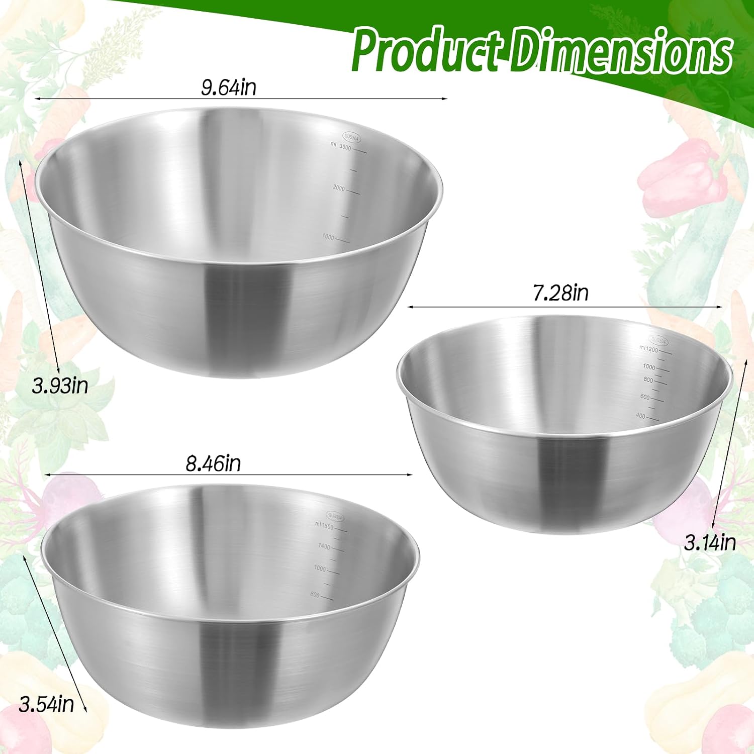 3 Pcs Stainless Steel Mixing Bowls Metal Mixing Bowl Set 1.5/ 2.2/ 3.4 Qt