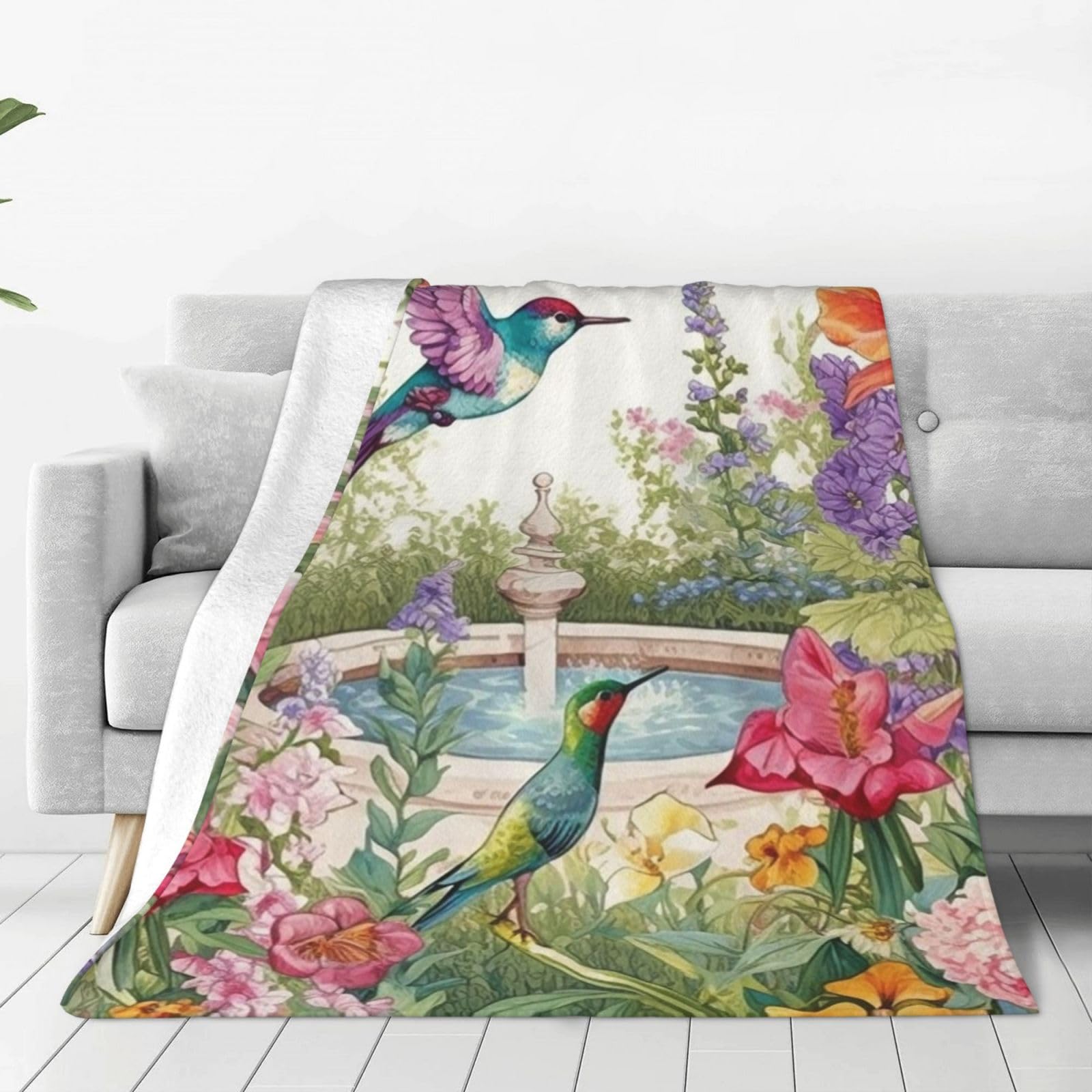 Couverture en flanelle haut de gamme motif oiseaux et fleurs, plaid jeté de lit 203x152 cm