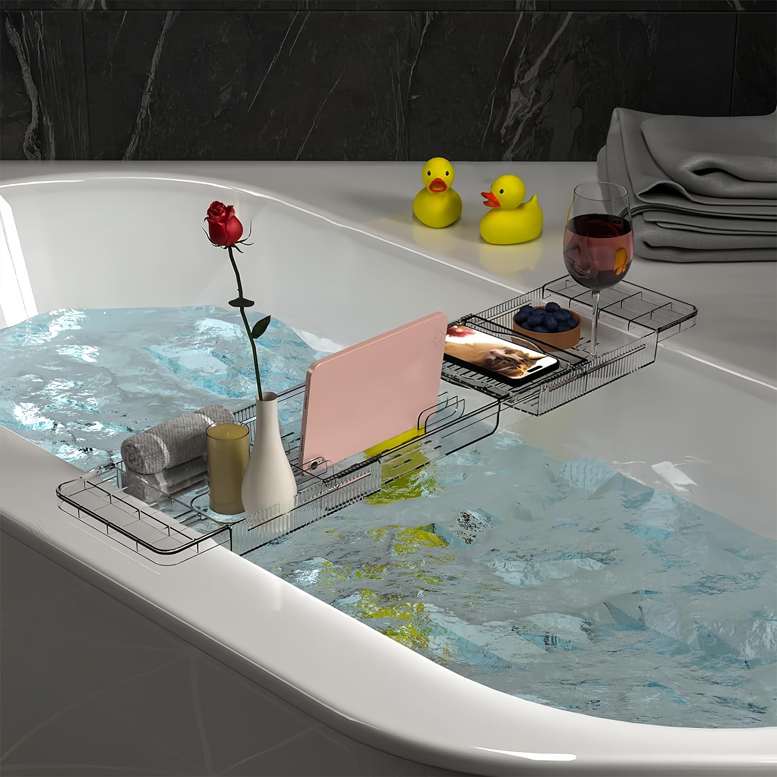 Bandeja para bañera de plástico, bandeja de bañera, tabla de bañera ajustable, estantes para la mayoría de tamaños de bañera, accesorios de baño espacio para toallas, copas de vino y libros
