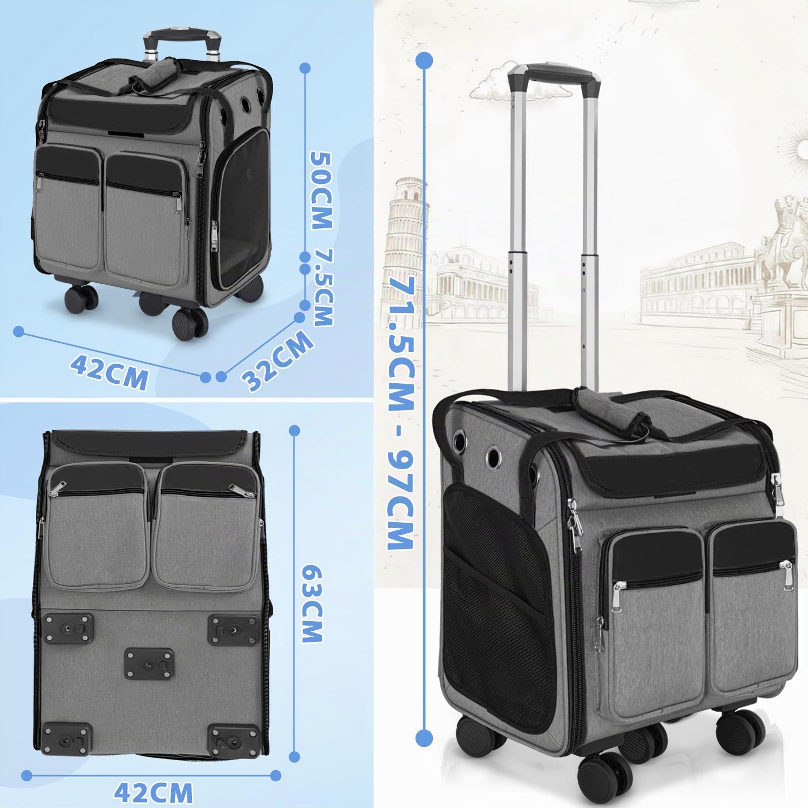 OUUTMEE Con carro 2 en 1 hasta 20 kg, mochila para gatos grande con ruedas, mochila multifuncional, transpirable, gris