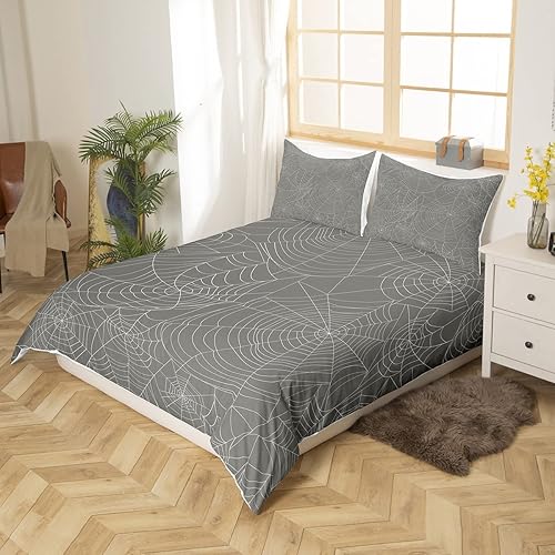 Miniatura 2 de Erosebridal Juego de funda de edredón de Halloween, tamaño Queen, diseño de telaraña, diseño bohemio, rayas geométricas, funda de edredón gris para
