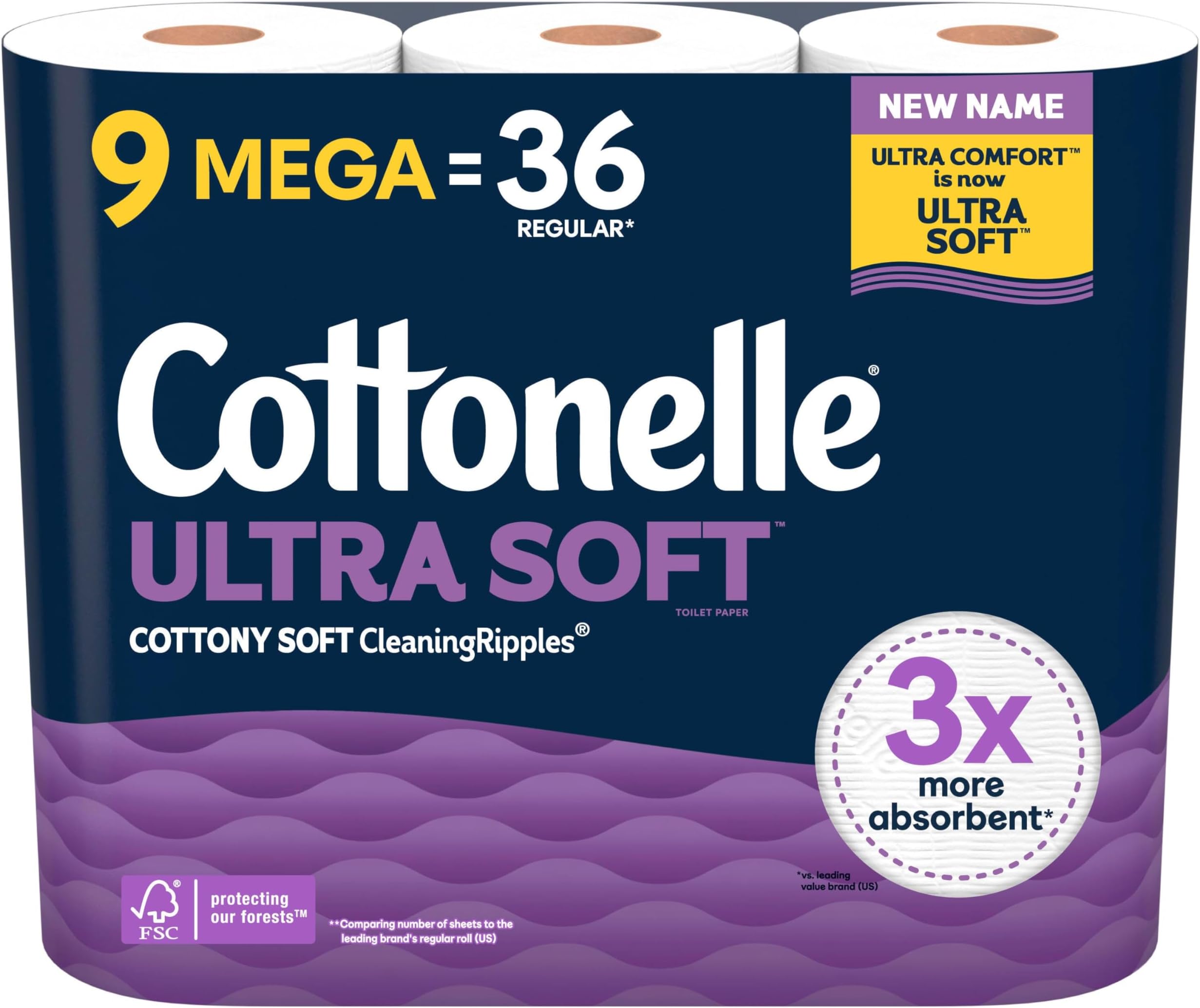 Cottonelle Ultra Soft Toilet Paper, 9 Mega Rolls = 36 Regular Rolls, Packaging May Vary