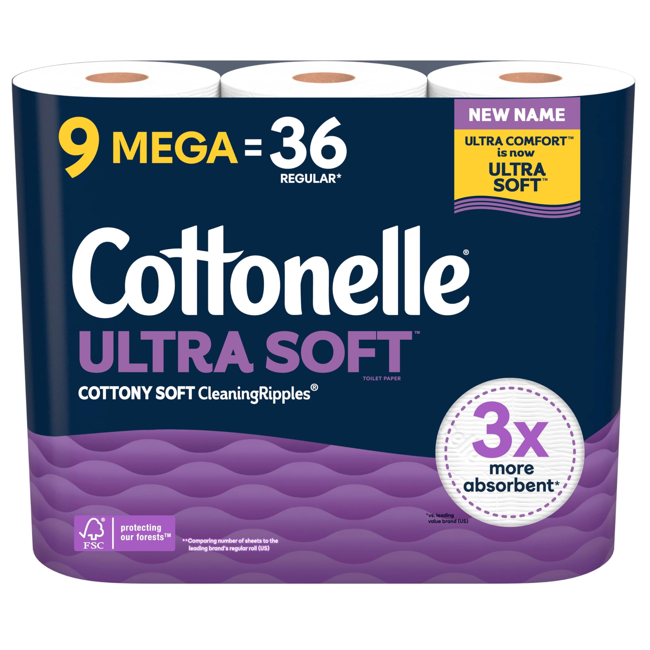 Cottonelle Ultra Soft Toilet Paper, 9 Mega Rolls = 36 Regular Rolls, Packaging May Vary