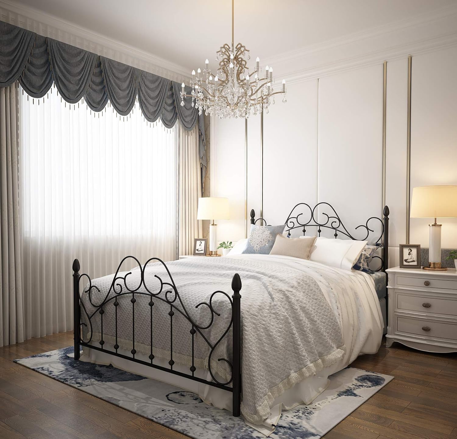 NACHTIMOOR Black Queen Platform Metal Bed Frame with Headboard and Footboard,Vintage Victorian Style Mattress Foundation, No Box Spring Required, Black,Queen.