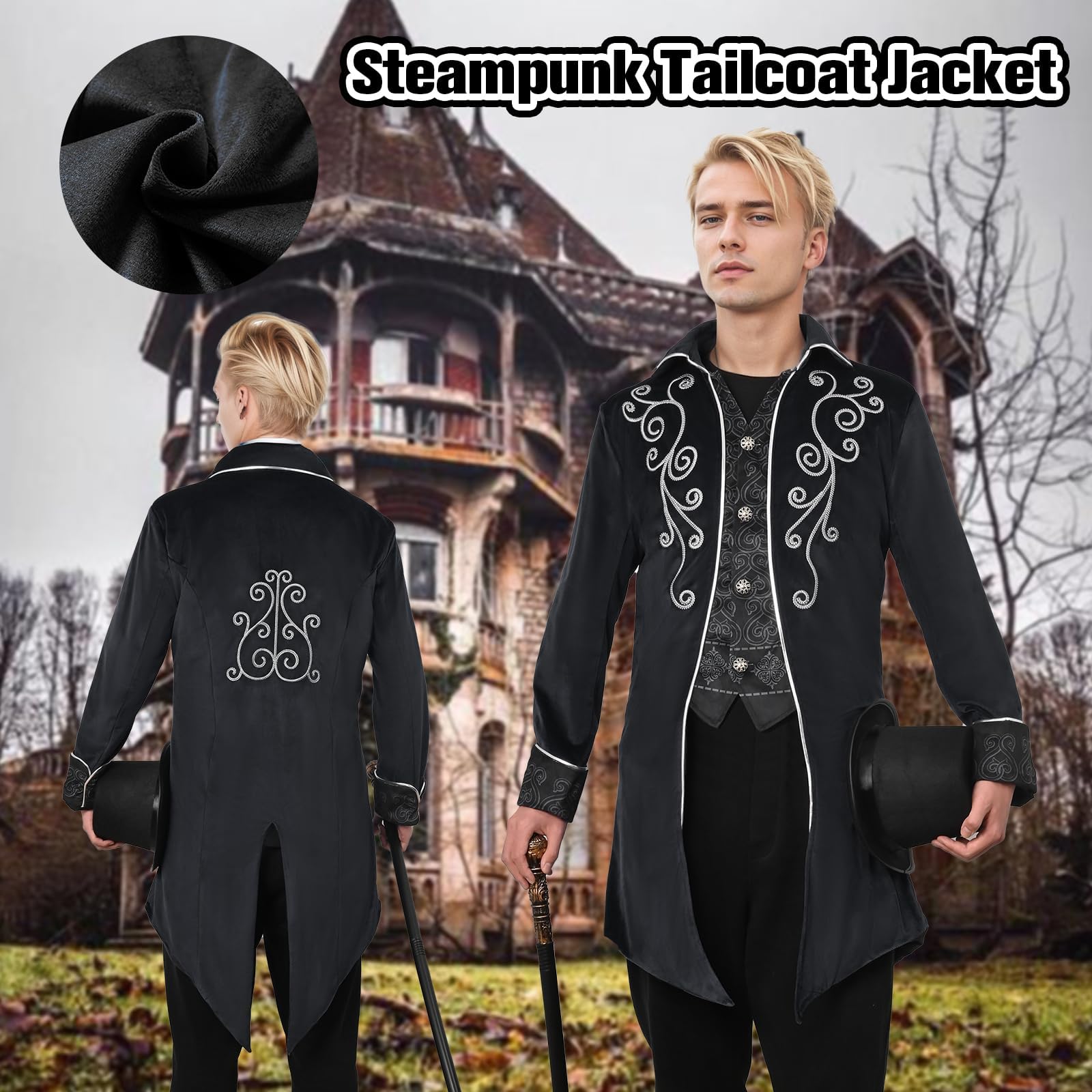 Giacca steampunk, da uomo, a maniche lunghe, ricamata, vintage, gotico, giacca da uomo, costume vittoriano per feste a tema steampunk, Halloween